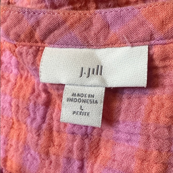 J. Jill Cotton Gauze Checkered Partial Button-Down Tunic Pink and Orange Size LP - Picture 4 of 6